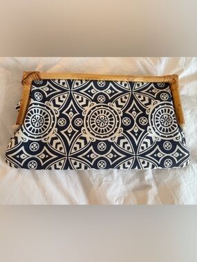 Navy and White Geometric Bamboo Frame Clutch